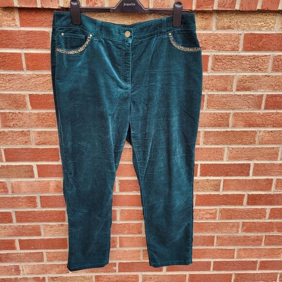 Chico's Green Velvet Pants Women's Size Large Rhinestone Accents Straight Leg - Picture 1 of 7